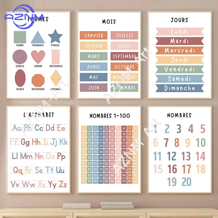 Kids Education Alphabet Numbers - 1PC、英語フランス語数字アルファベット形状キャンバス絵画天気教育アートプリントポスター北欧壁絵子供部屋