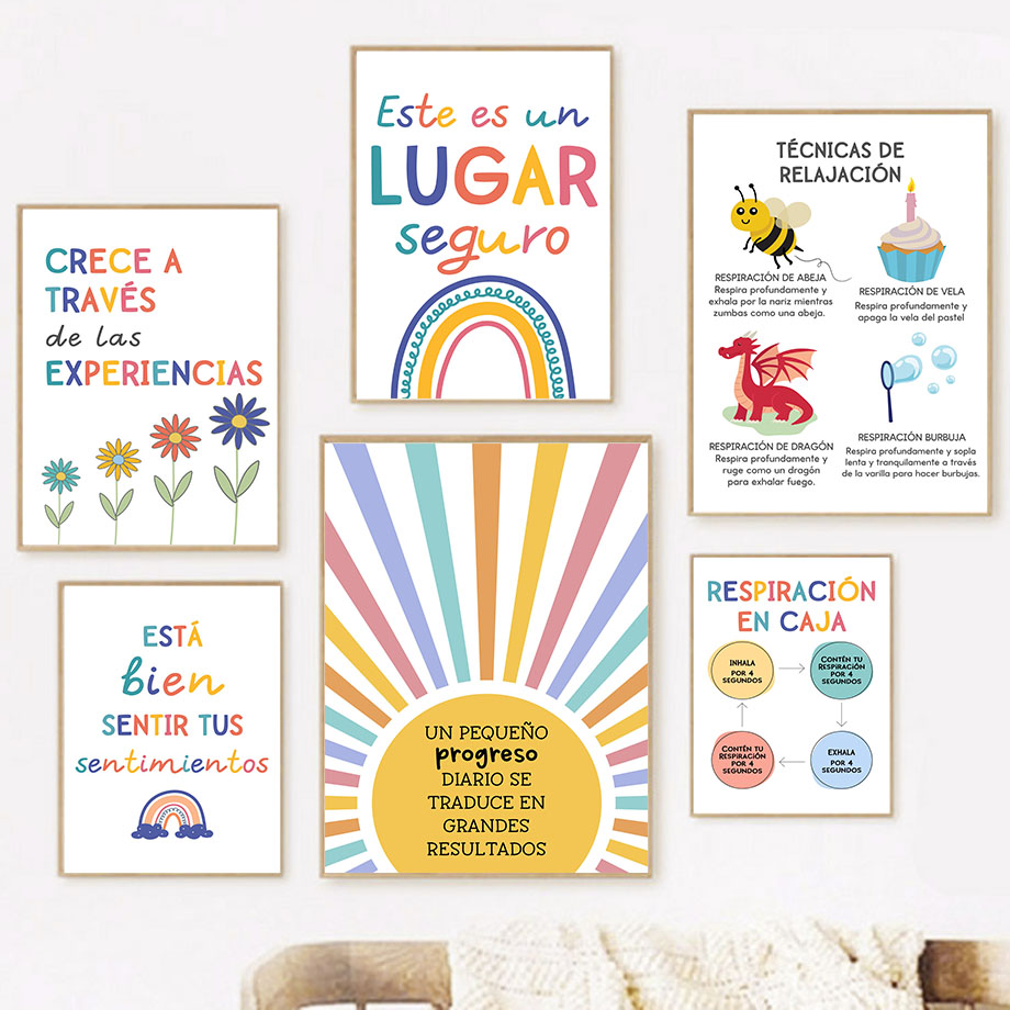 Kids Education Room - スペイン教育モットーレインボーサンシャイン壁アートキャンバス絵画北欧ポスターやプリント漫画の絵ベビーキッズルームの装飾