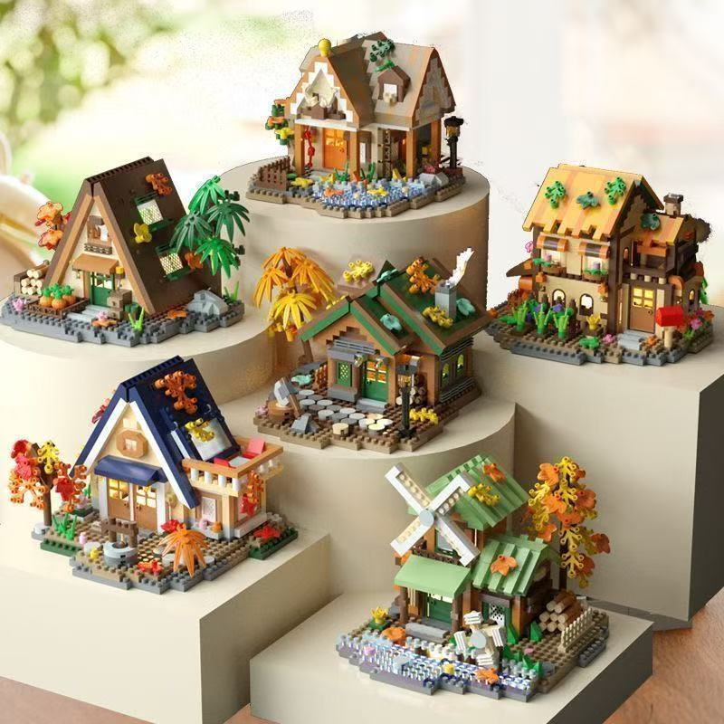 Kids Education Login - 6セットの森の小屋ミニビルディングブリックモデルDIY組み立てキット、レトロログハウスビルディングブロック、大人と子供のための教育ギフト