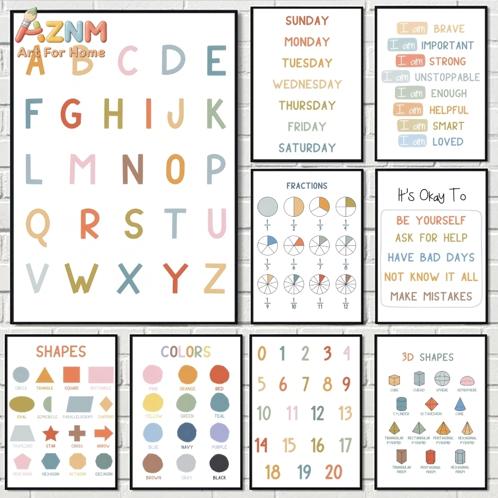 Kids Education Alphabet Numbers - AZNM 教育用アルファベット数字フレームレスキャンバスウォールアート、子供用学習ポスタープリント、保育園教室装飾、フレームなし絵画