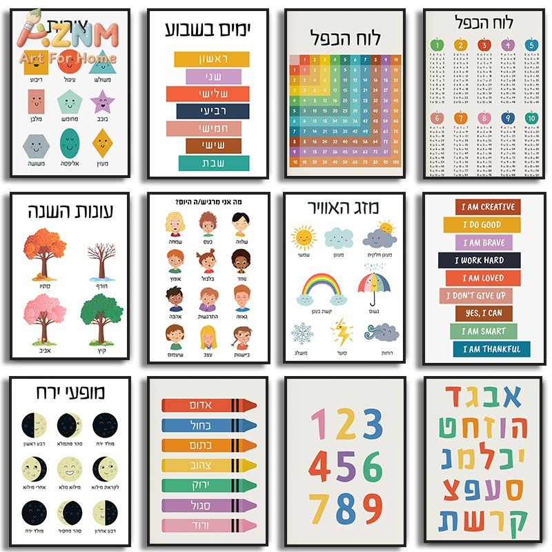 Kids Education Alphabet Numbers - AZNM ヘブライ語教育キッズキャンバスウォールアート アルファベット数字 形状 季節 天気