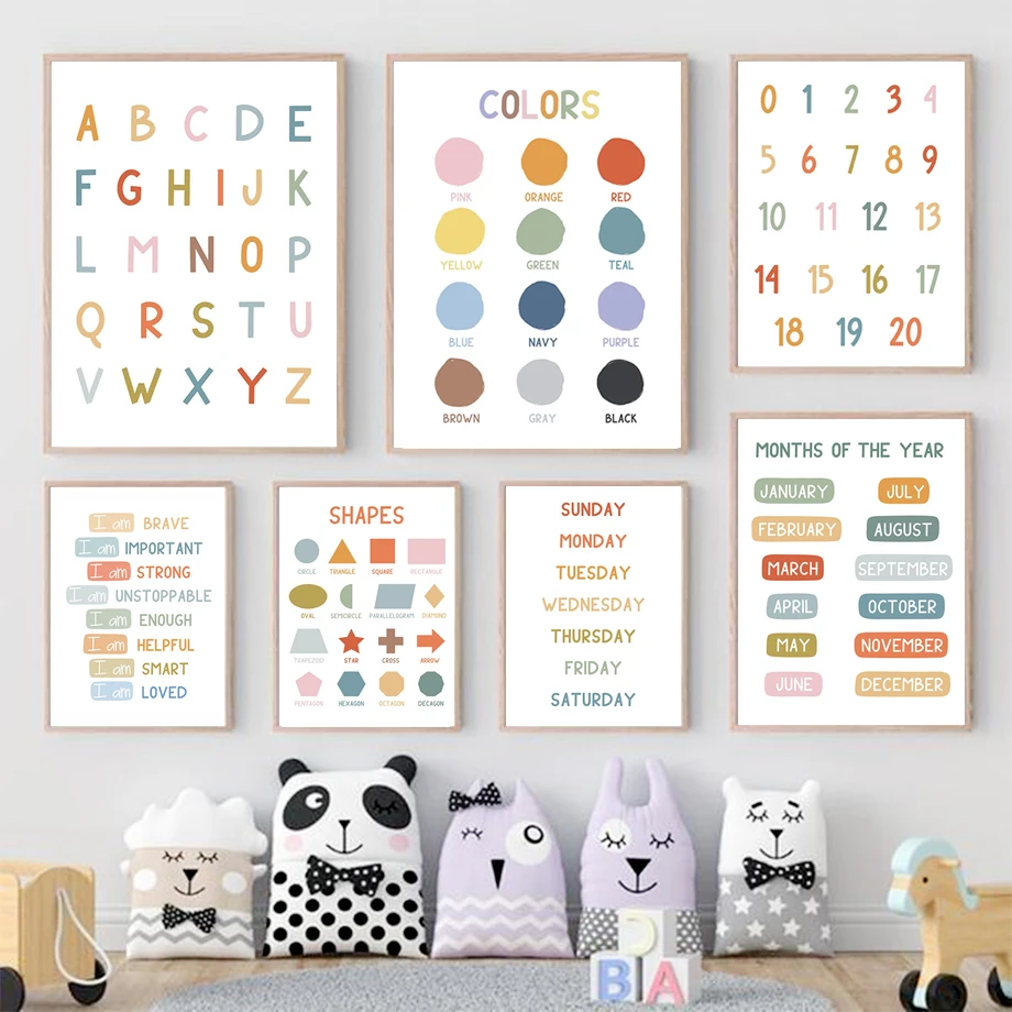 Kids Education Alphabet Numbers - 英語教育ポスター アルファベット 数字 色 形状 ウォールアートプリント