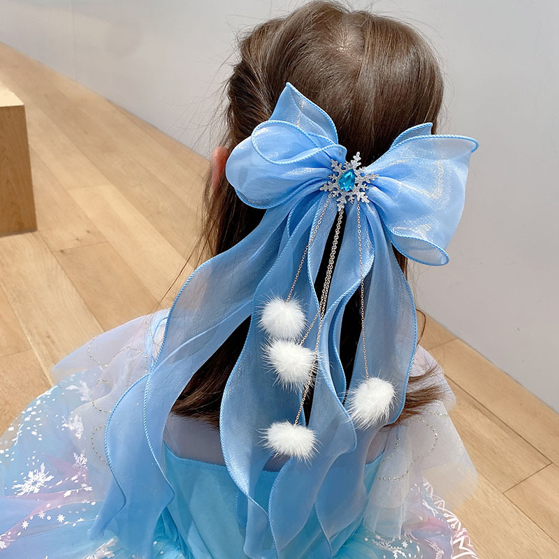Kids Education School - プリンセスポンポンヘアピンビッグブルー弓ヘアクリップ子供のための子供ロングリボンカモノハシクリップ女の子学校ヘアグリップ帽子ギフト