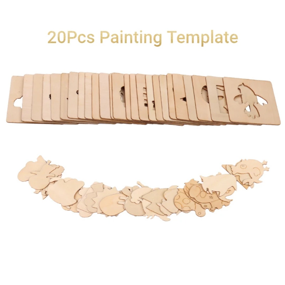 Kids Education Template - 20個のモンテッソーリ木製描画ステンシル - 子供用DIYペイントテンプレート、子供用教育学習玩具、パーティーギフトに最適