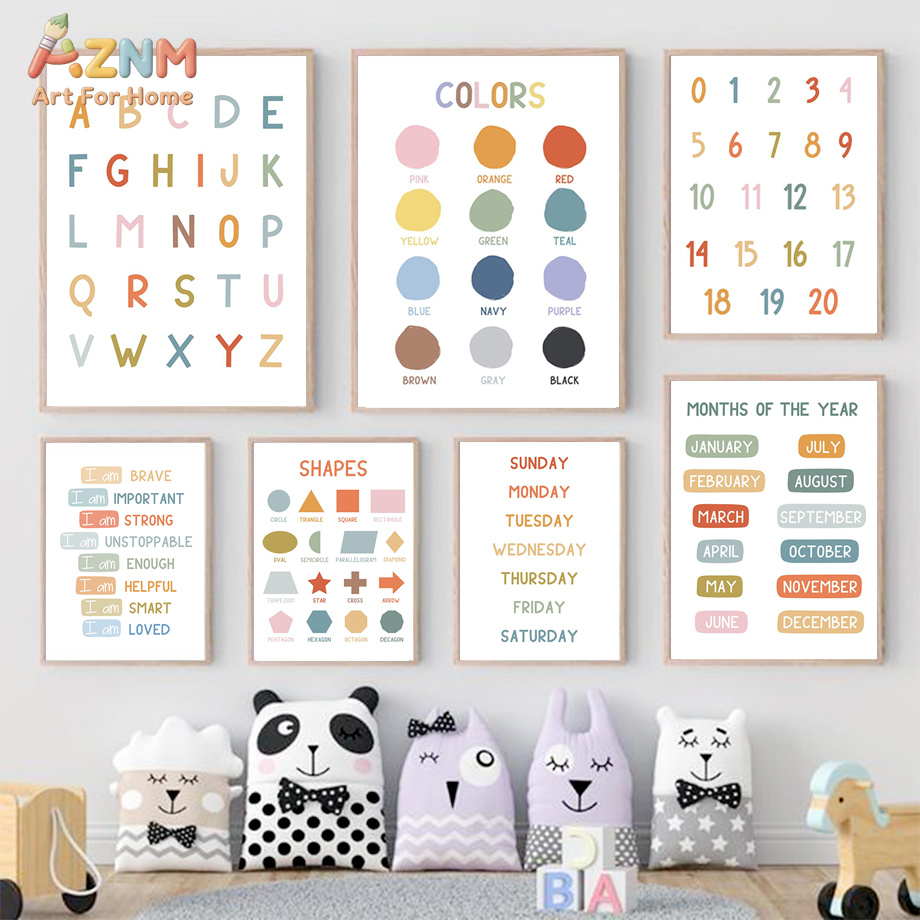 Kids Education Alphabet Numbers - AZNM 教育用キッズ学習キャンバスプリント アルファベット カラー 数字 保育園の壁アート装飾