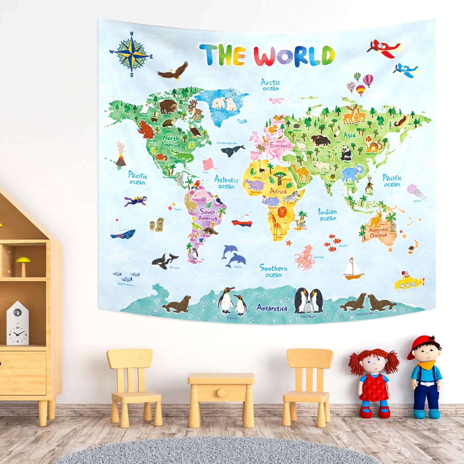 Kids Education Room - キッズ世界地図壁掛けタペストリー教育地理アート子供部屋の装飾漫画動物子供学習吊り下げ