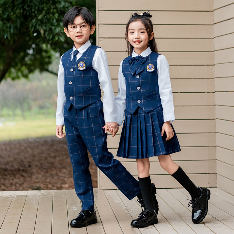 Kids Education School - 子供英国チェック柄ベストシャツスーツパンツ女の子チョッキブラウススカート子供学校制服男の子韓国学生服セット