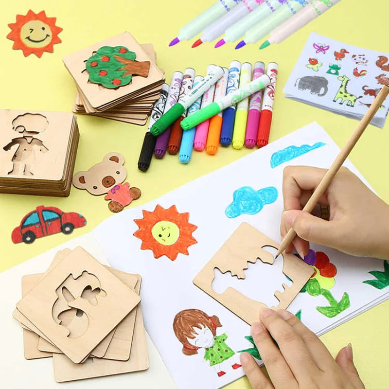 Kids Education Template - 子供描画おもちゃモンテッソーリ DIY 絵画ステンシルテンプレート木製クラフトパズル知育玩具男の子女の子誕生日ギフト