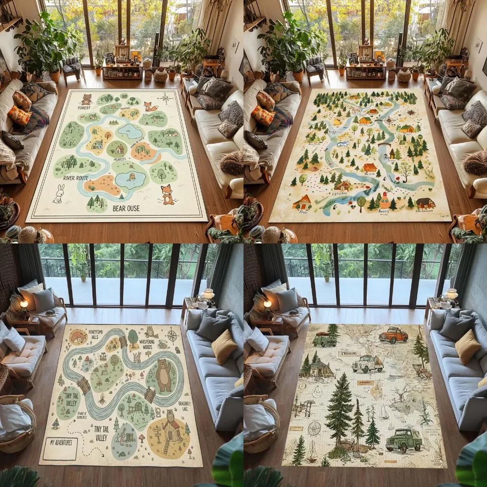 Kids Education Room - 鮮やかなインタラクティブキッズワールドマップラグ、教育用フロアカーペット、森の動物と川のシーン付き、プレイルーム、寝室、保育園用マット