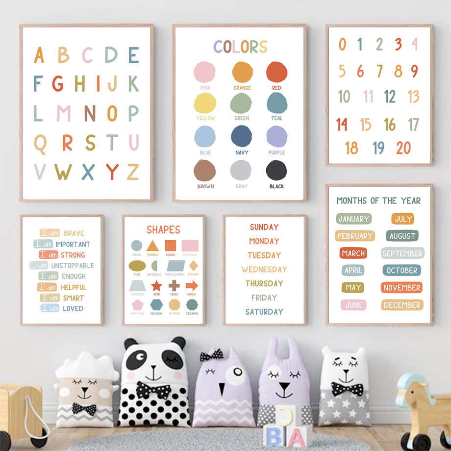 Kids Education Alphabet Numbers - 英語教育ポスター アルファベット 数字 色 形状 ウォールアートプリント