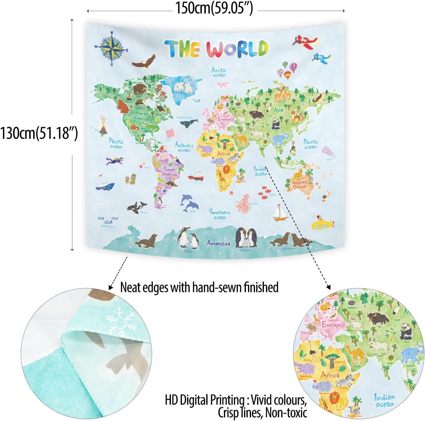 キッズ世界地図壁掛けタペストリー教育地理アート子供部屋の装飾 - Kids Education Room のレビューと価格