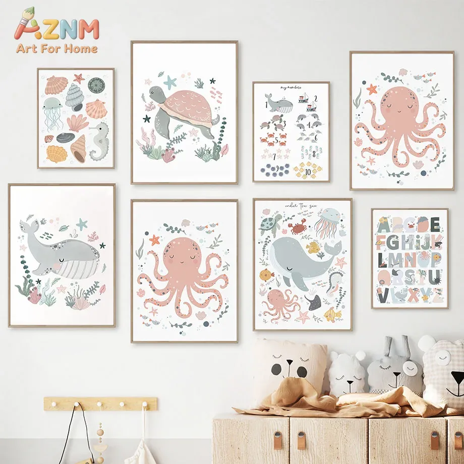 AZNM 保育園海の動物キャンバスウォールアート タコ クジ - Kids Education Room のレビューと価格
