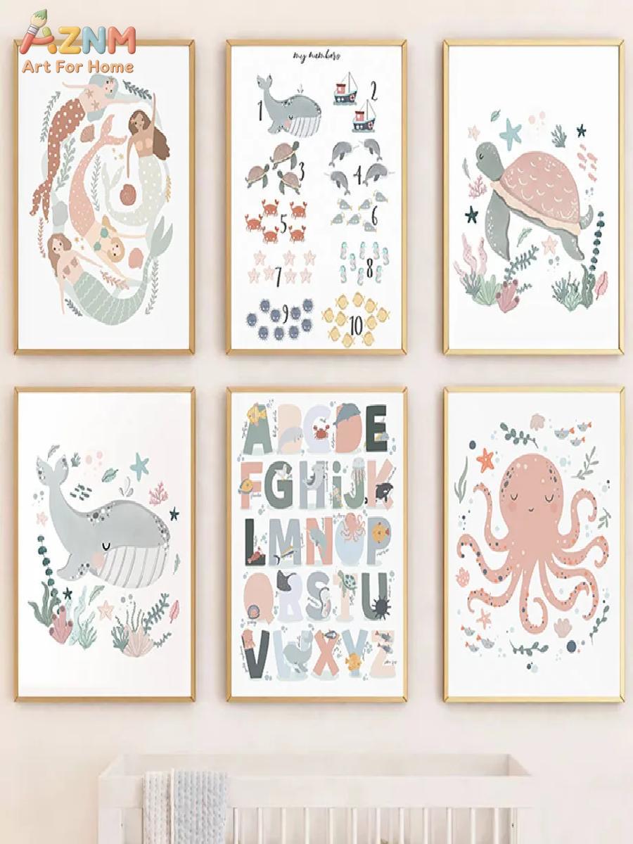 AZNM 保育園海の動物キャンバスウォールアート タコ クジ - Kids Education Room のレビューと価格
